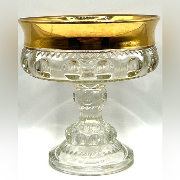 Vintage Indiana Glass King's Crown Clear Compote Pedestal Candy Dish Gold Rim - Picture 2 of 9